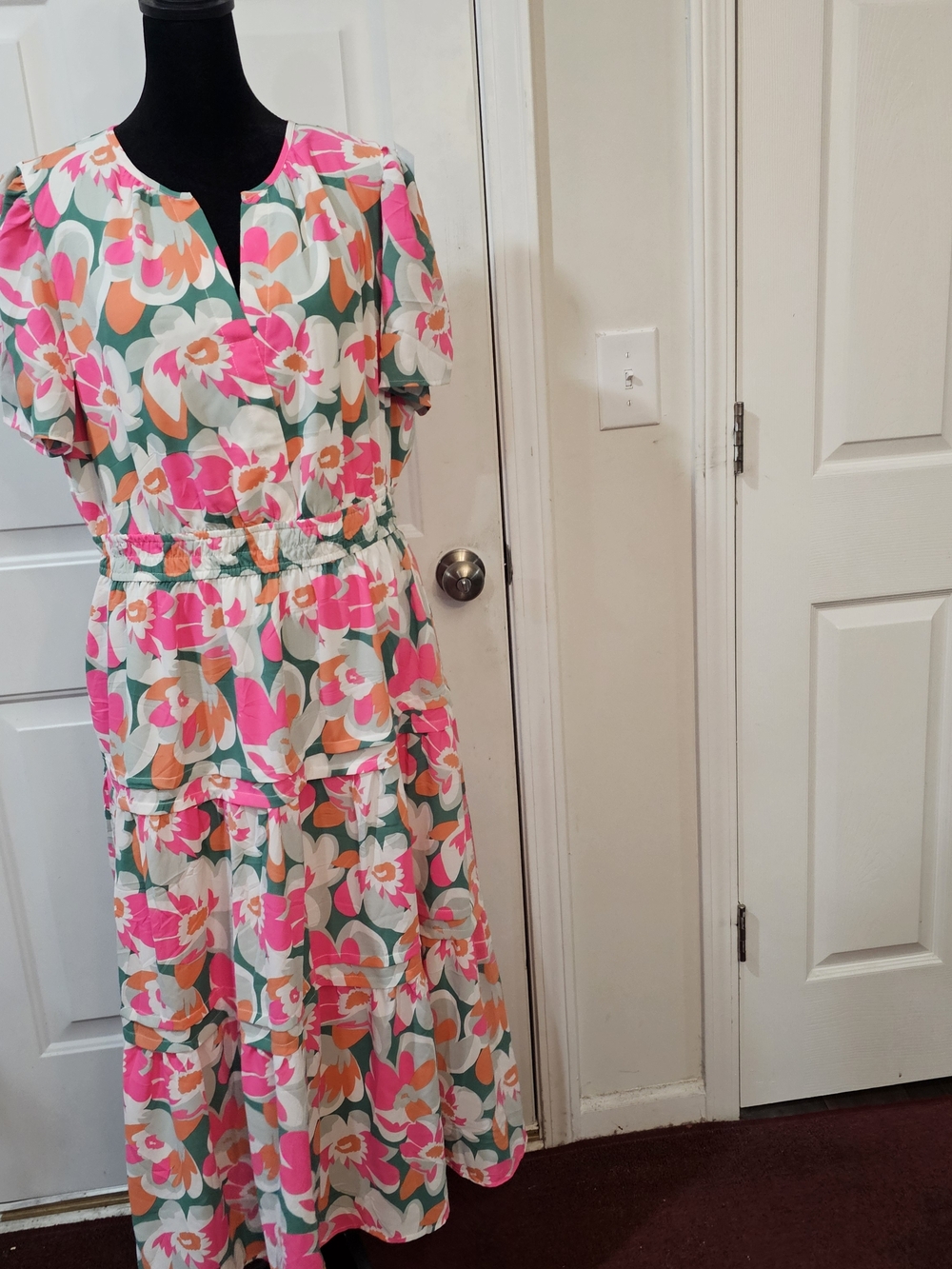 PrettyGarden Pink & Green Floral Maxi Dress with Elastic Waist Size Large{Bx10} - Picture 3 of 14